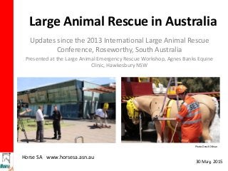 Large Animal Rescue in Australia
Updates since the 2013 International Large Animal Rescue
Conference, Roseworthy, South Australia
Presented at the Large Animal Emergency Rescue Workshop, Agnes Banks Equine
Clinic, Hawkesbury NSW
Photo: Denzil O Brian
Horse SA www.horsesa.asn.au
30 May, 2015
 