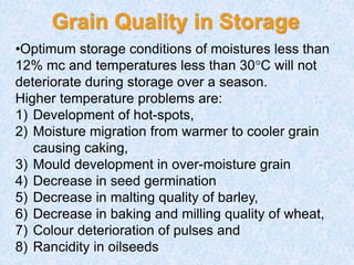 Grain Quality in Storage
•Optimum storage conditions of moistures less than
12% mc and temperatures less than 30°C will not
deteriorate during storage over a season.
Higher temperature problems are:
1) Development of hot-spots,
2) Moisture migration from warmer to cooler grain
causing caking,
3) Mould development in over-moisture grain
4) Decrease in seed germination
5) Decrease in malting quality of barley,
6) Decrease in baking and milling quality of wheat,
7) Colour deterioration of pulses and
8) Rancidity in oilseeds
 