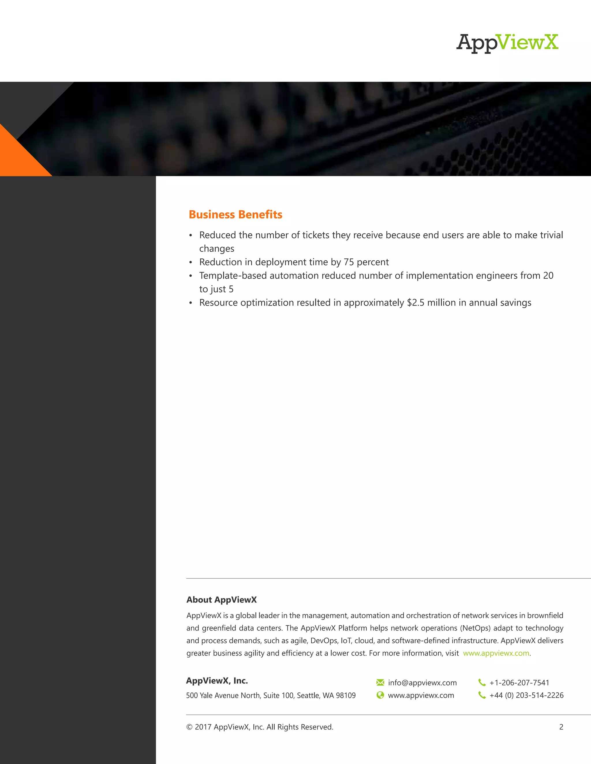 AppViewX is a global leader in the management, automation and orchestration of network services in brownfield
and greenfield data centers. The AppViewX Platform helps network operations (NetOps) adapt to technology
and process demands, such as agile, DevOps, IoT, cloud, and software-defined infrastructure. AppViewX delivers
greater business agility and efficiency at a lower cost. For more information, visit www.appviewx.com.
About AppViewX
2
 +1-206-207-7541
 +44 (0) 203-514-2226
✉ info@appviewx.com
 www.appviewx.com
AppViewX, Inc.
500 Yale Avenue North, Suite 100, Seattle, WA 98109
© 2017 AppViewX, Inc. All Rights Reserved.
• Reduced the number of tickets they receive because end users are able to make trivial
changes
• Reduction in deployment time by 75 percent
• Template-based automation reduced number of implementation engineers from 20
to just 5
• Resource optimization resulted in approximately $2.5 million in annual savings
Business Benefits
 