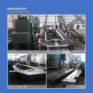MAIN PRODUCT
CASTING PRODUCTS SHOW
Iron & Steel Complex Raw Materials Yard Project
Mill Housing / Net Weight 207 Tons / Anshan Iron and Steel Group
Bed PlateRack of Temper Mill
 
