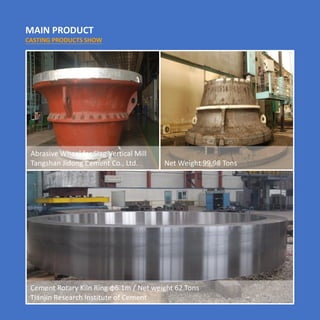 MAIN PRODUCT
CASTING PRODUCTS SHOW
Iron & Steel Complex
Abrasive	Wheel	for	Slag	Vertical	Mill	
Tangshan Jidong Cement Co., Ltd. Net Weight 99.98 Tons
Cement	Rotary	Kiln	Ring φ6.1m /	Net	weight 62 Tons
Tianjin	Research	Institute	of	Cement
 