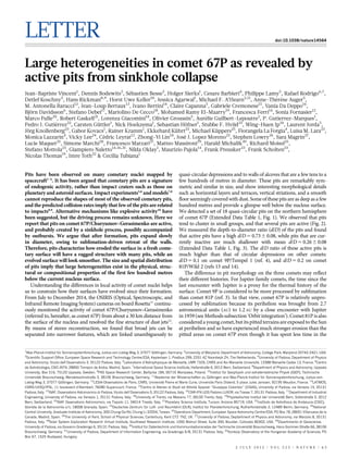 LETTER doi:10.1038/nature14564
Large heterogeneities in comet 67P as revealed by
active pits from sinkhole collapse
Jean-Baptiste Vincent1
, Dennis Bodewits2
, Se´bastien Besse3
, Holger Sierks1
, Cesare Barbieri4
, Philippe Lamy5
, Rafael Rodrigo6,7
,
Detlef Koschny3
, Hans Rickman8,9
, Horst Uwe Keller10
, Jessica Agarwal1
, Michael F. A’Hearn2,11
, Anne-The´re`se Auger5
,
M. Antonella Barucci12
, Jean-Loup Bertaux13
, Ivano Bertini14
, Claire Capanna5
, Gabriele Cremonese15
, Vania Da Deppo16
,
Bjo¨rn Davidsson6
, Stefano Debei17
, Mariolino De Cecco18
, Mohamed Ramy El-Maarry19
, Francesca Ferri14
, Sonia Fornasier12
,
Marco Fulle20
, Robert Gaskell21
, Lorenza Giacomini14
, Olivier Groussin5
, Aure´lie Guilbert-Lepoutre2
, P. Gutierrez-Marques1
,
Pedro J. Gutie´rrez22
, Carsten Gu¨ttler1
, Nick Hoekzema1
, Sebastian Ho¨fner1
, Stubbe F. Hviid23
, Wing-Huen Ip24
, Laurent Jorda5
,
Jo¨rg Knollenberg23
, Gabor Kovacs1
, Rainer Kramm1
, Ekkehard Ku¨hrt23
, Michael Ku¨ppers25
, Fiorangela La Forgia4
, Luisa M. Lara22
,
Monica Lazzarin4
, Vicky Lee24
, Ce´dric Leyrat12
, Zhong-Yi Lin24
, Jose` J. Lopez Moreno22
, Stephen Lowry26
, Sara Magrin27
,
Lucie Maquet25
, Simone Marchi28
, Francesco Marzari27
, Matteo Massironi29
, Harald Michalik30
, Richard Moissl25
,
Stefano Mottola23
, Giampiero Naletto14,16,31
, Nilda Oklay1
, Maurizio Pajola14
, Frank Preusker23
, Frank Scholten23
,
Nicolas Thomas19
, Imre Toth32
& Cecilia Tubiana1
Pits have been observed on many cometary nuclei mapped by
spacecraft1–4
. It has been argued that cometary pits are a signature
of endogenic activity, rather than impact craters such as those on
planetary and asteroid surfaces. Impact experiments5,6
and models7,8
cannot reproduce the shapes of most of the observed cometary pits,
and the predicted collision rates imply that few of the pits are related
to impacts8,9
. Alternative mechanisms like explosive activity10
have
been suggested, but the driving process remains unknown. Here we
report that pits on comet 67P/Churyumov–Gerasimenko are active,
and probably created by a sinkhole process, possibly accompanied
by outbursts. We argue that after formation, pits expand slowly
in diameter, owing to sublimation-driven retreat of the walls.
Therefore, pits characterize how eroded the surface is: a fresh come-
tary surface will have a ragged structure with many pits, while an
evolved surface will look smoother. The size and spatial distribution
of pits imply that large heterogeneities exist in the physical, struc-
tural or compositional properties of the first few hundred metres
below the current nucleus surface.
Understanding the differences in local activity of comet nuclei helps
us to constrain how their surfaces have evolved since their formation.
From July to December 2014, the OSIRIS (Optical, Spectroscopic, and
Infrared Remote Imaging System) cameras on board Rosetta11
continu-
ously monitored the activity of comet 67P/Churyumov–Gerasimenko
(referred to, hereafter, as comet 67P) from about a 30 km distance from
the surface of the nucleus and resolved the fine structure of dust jets12
.
By means of stereo reconstruction, we found that broad jets can be
separated into narrower features, which are linked unambiguously to
quasi-circular depressions and to walls of alcoves that are a few tens to a
few hundreds of metres in diameter. These pits are remarkably sym-
metric and similar in size, and show interesting morphological details
such as horizontal layers and terraces, vertical striations, and a smooth
floor seeminglycovered with dust. Some of these pits are as deep as a few
hundred metres and provide a glimpse well below the nucleus surface.
We detected a set of 18 quasi-circular pits on the northern hemisphere
of comet 67P (Extended Data Table 1, Fig. 1). We observed that pits
tend to cluster in small groups, and that several pits are active (Fig. 2).
We measured the depth-to-diameter ratio (d/D) of the pits and found
that active pits have a high d/D 5 0.736 0.08, while pits that are cur-
rently inactive are much shallower with mean d/D 5 0.266 0.08
(Extended Data Table 1, Fig. 3). The d/D ratio of these active pits is
much higher than that of circular depressions on other comets:
d/D5 0.1 on comet 9P/Tempel 1 (ref. 4), and d/D 5 0.2 on comet
81P/Wild 2 (refs 13 and 14).
The difference in pit morphology on the three comets may reflect
their different histories. For Jupiter family comets, the time since the
last encounter with Jupiter is a proxy for the thermal history of the
surface. Comet 9P is considered to be more processed by sublimation
than comet 81P (ref. 3). In that view, comet 67P is relatively unpro-
cessed by sublimation because its perihelion was brought from 2.7
astronomical units (AU) to 1.2 AU by a close encounter with Jupiter
in 1959 (seeMethodssubsection ‘Orbitintegration’). Comet 81P is also
considered a young comet, but its pitted terrains are exposed to the Sun
at perihelion and so have experienced much stronger erosion than the
pitted areas on comet 67P even though it has spent less time in the
1
Max-Planck-Institut fu¨r Sonnensystemforschung, Justus-von-Liebig-Weg 3, 37077 Go¨ttingen, Germany. 2
University of Maryland, Department of Astronomy, College Park, Maryland 20742-2421, USA.
3
Scientific Support Office, European Space Research and Technology Centre/ESA, Keplerlaan 1, Postbus 299, 2201 AZ Noordwijk ZH, The Netherlands. 4
University of Padova, Department of Physics
and Astronomy, Vicolo dell’Osservatorio 3, 35122 Padova, Italy. 5
Laboratoire d’Astrophysique de Marseille, UMR 7326, CNRS and Aix Marseille Universite´, 13388 Marseille Cedex 13, France. 6
Centro
de Astrobiologia, CSIC-INTA, 28850 Torrejon de Ardoz, Madrid, Spain. 7
International Space Science Institute, Hallerstraße 6, 3012 Bern, Switzerland. 8
Department of Physics and Astronomy, Uppsala
University, Box 516, 75120 Uppsala, Sweden. 9
PAS Space Research Center, Bartycka 18A, 00716 Warszawa, Poland. 10
Institut fu¨r Geophysik und extraterrestrische Physik (IGEP), Technische
Universita¨t Braunschweig, Mendelssohnstraße 3, 38106 Braunschweig, Germany. 11
Akademie der Wissenschaften zu Go¨ttingen and Max-Planck-Institut fu¨r Sonnensystemforschung, Justus-von-
Liebig-Weg 3, 37077 Go¨ttingen, Germany. 12
LESIA-Observatoire de Paris, CNRS, Universite´ Pierre et Marie Curie, Universite Paris Diderot, 5 place Jules Janssen, 92195 Meudon, France. 13
LATMOS,
CNRS/UVSQ/IPSL, 11 boulevard d’Alembert, 78280 Guyancourt, France. 14
Centro di Ateneo di Studi ed Attivita` Spaziali ‘‘Giuseppe Colombo’’ (CISAS), University of Padova, via Venezia 15, 35131
Padova, Italy. 15
INAF, Osservatorio Astronomico di Padova, Vicolo dell’Osservatorio 5, 35122 Padova, Italy. 16
CNR-IFN UOS Padova LUXOR, via Trasea 7, 35131 Padova, Italy. 17
Department of Industrial
Engineering, University of Padova, via Venezia 1, 35131 Padova, Italy. 18
University of Trento, via Mesiano 77, 38100 Trento, Italy. 19
Physikalisches Institut der Universita¨t Bern, Sidlerstraße 5, 3012
Bern, Switzerland. 20
INAF Osservatorio Astronomico, via Tiepolo 11, 34014 Trieste, Italy. 21
Planetary Science Institute, Tucson, Arizona 85719, USA. 22
Instituto de Astrofisica de Andalucia (CSIC),
Glorieta de la Astronomı`a s/n, 18008 Granada, Spain. 23
Deutsches Zentrum fu¨r Luft- und Raumfahrt (DLR), Institut fu¨r Planetenforschung, Rutherfordstraße 2, 12489 Berlin, Germany. 24
National
Central University, Graduate Institute of Astronomy, 300 Chung-Da Rd, Chung-Li 32054, Taiwan. 25
Operations Department, European Space Astronomy Centre/ESA, PO Box 78, 28691 Villanueva de la
Canada, Madrid, Spain. 26
The University of Kent, School of Physical Sciences, Canterbury, Kent CT2 7NZ, UK. 27
University of Padova, Deptartment of Physics and Astronomy, via Marzolo 8, 35131
Padova, Italy. 28
Solar System Exploration Research Virtual Institute, Southwest Research Institute, 1050 Walnut Street, Suite 300, Boulder, Colorado 80302, USA. 29
Dipartimento di Geoscienze,
University of Padova, via Giovanni Gradenigo 6, 35131 Padova, Italy. 30
Institut fu¨r Datentechnik und Kommunikationsnetze der Technische Universita¨t Braunschweig, Hans-Sommer-Straße 66, 38106
Braunschweig, Germany. 31
University of Padova, Department of Information Engineering, via Gradenigo 6/B, 35131 Padova, Italy. 32
Konkoly Observatory of the Hungarian Academy of Sciences, PO
Box 67, 1525 Budapest, Hungary.
2 J U L Y 2 0 1 5 | V O L 5 2 3 | N A T U R E | 6 3
 