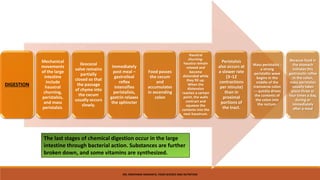 DIGESTION
Mechanical
movements
of the large
intestine
include
haustral
churning,
peristalsis,
and mass
peristalsis.
Ileocecal
valve remains
partially
closed so that
the passage
of chyme into
the cecum
usually occurs
slowly.
Immediately
post meal –
gastroileal
reflex
intensifies
peristalisis,
gastrin relaxes
the sphincter
Food passes
the cecum
and
accumulates
in ascending
colon
Haustral
churning-
haustra remain
relaxed and
become
distended while
they fill up.
When the
distension
reaches a certain
point, the walls
contract and
squeeze the
contents into the
next haustrum.
Peristalsis
also occurs at
a slower rate
(3–12
contractions
per minute)
than in
proximal
portions of
the tract.
Mass peristalsis -
a strong
peristaltic wave
begins in the
middle of the
transverse colon
--- quickly drives
the contents of
the colon into
the rectum.
Because food in
the stomach
initiates this
gastrocolic reflex
in the colon,
mass peristalsis
usually takes
place three or
four times a day,
during or
immediately
after a meal
The last stages of chemical digestion occur in the large
intestine through bacterial action. Substances are further
broken down, and some vitamins are synthesized.
MS. NIRUPAMA MAHANTA, FOOD SCIENCE AND NUTRITION
 