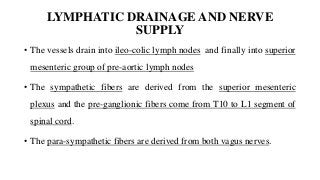LYMPHATIC DRAINAGE AND NERVE
SUPPLY
• The vessels drain into ileo-colic lymph nodes and finally into superior
mesenteric group of pre-aortic lymph nodes
• The sympathetic fibers are derived from the superior mesenteric
plexus and the pre-ganglionic fibers come from T10 to L1 segment of
spinal cord.
• The para-sympathetic fibers are derived from both vagus nerves.
 