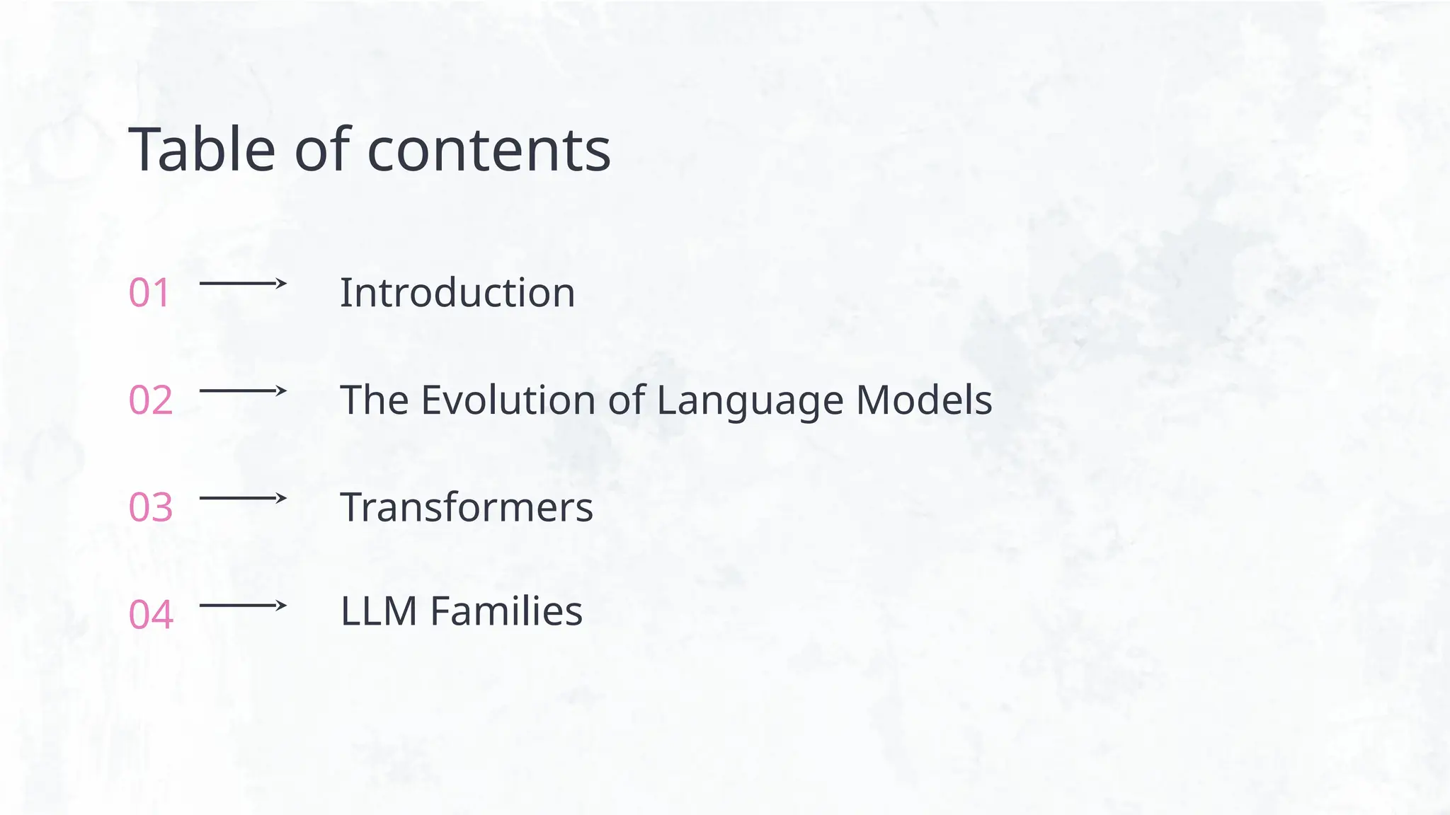 01 Introduction
Table of contents
02 The Evolution of Language Models
03 Transformers
04 LLM Families
 
