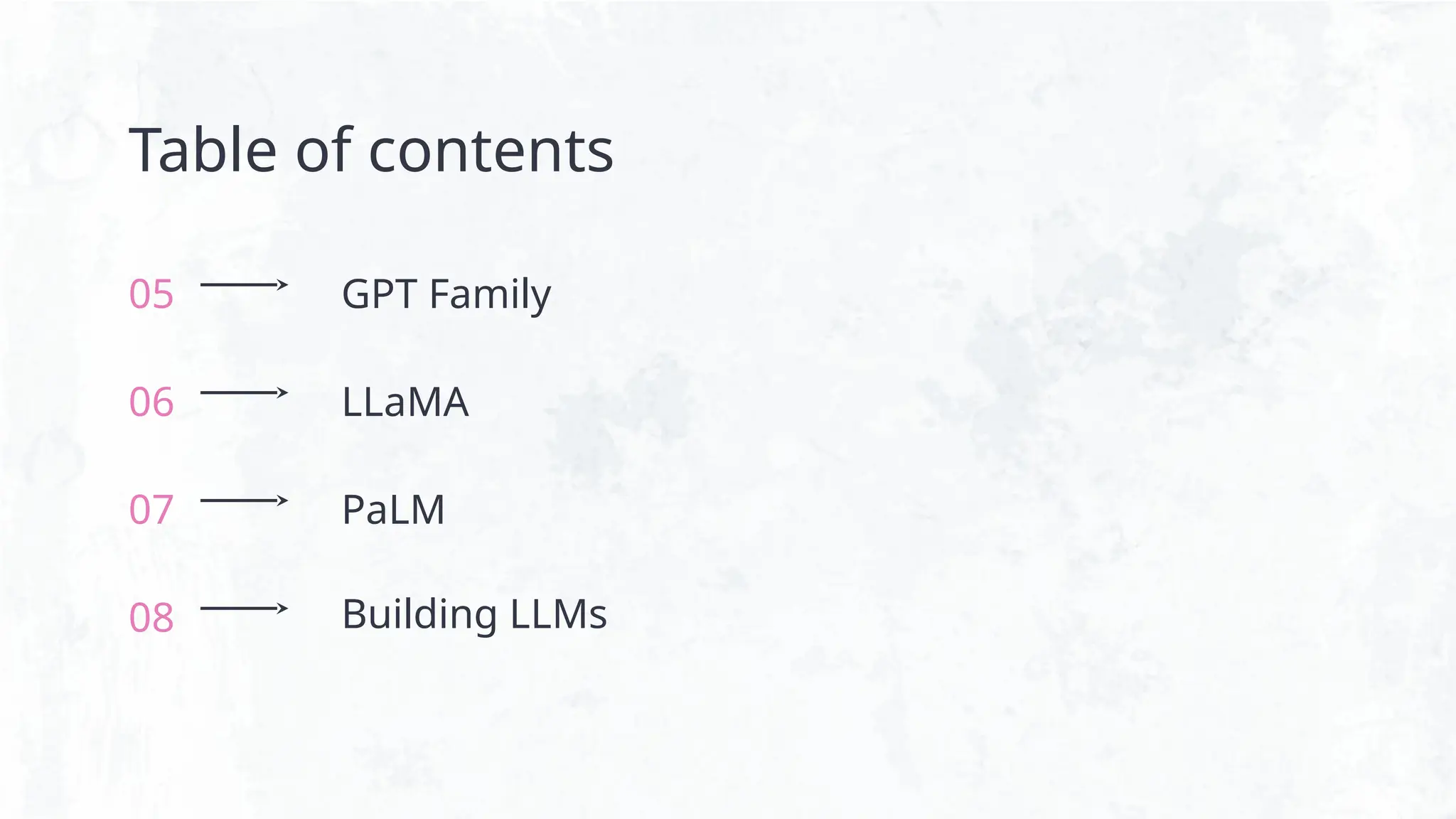 05 GPT Family
Table of contents
06 LLaMA
07 PaLM
08 Building LLMs
 