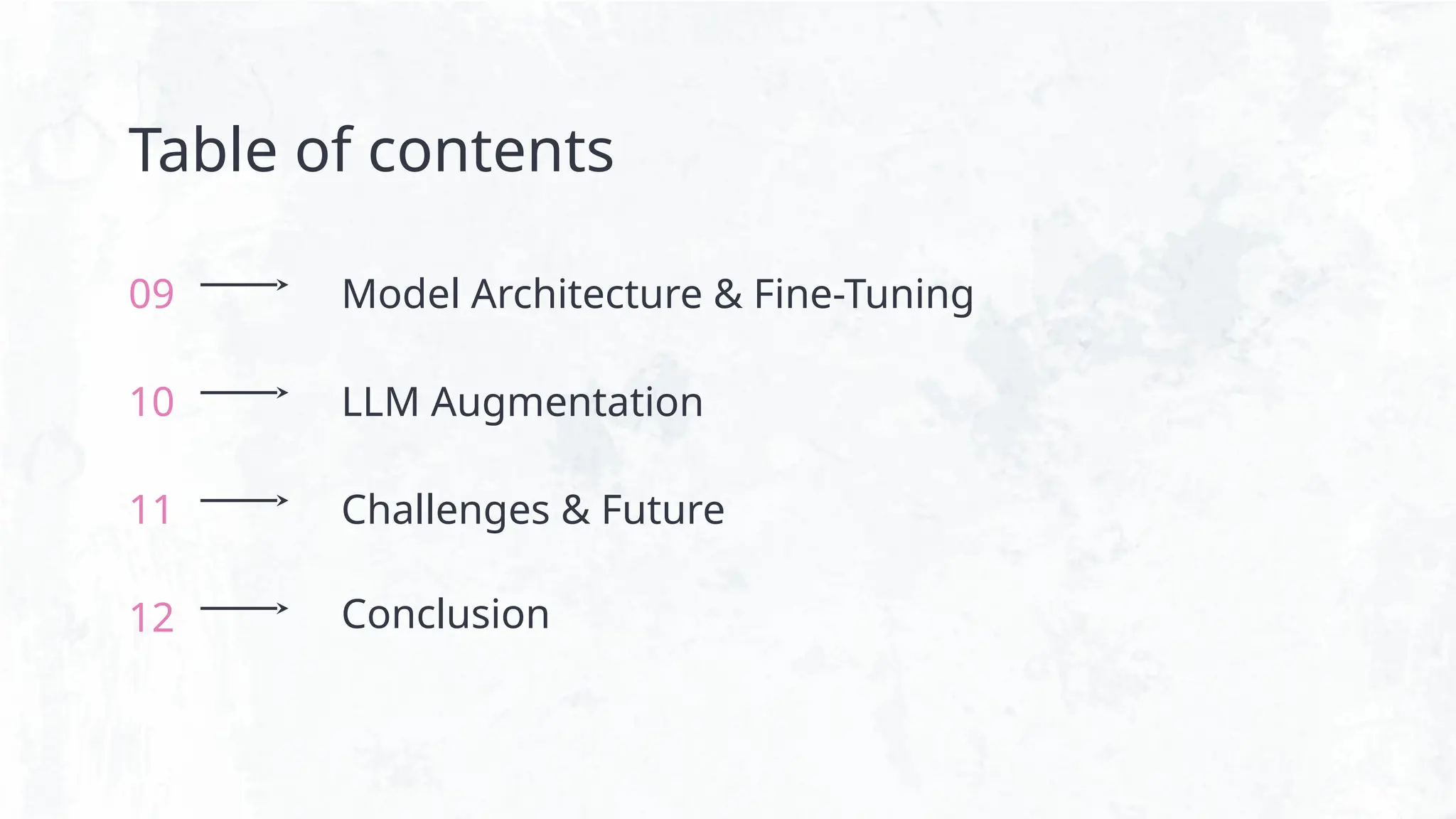 09 Model Architecture & Fine-Tuning
Table of contents
10 LLM Augmentation
11 Challenges & Future
12 Conclusion
 