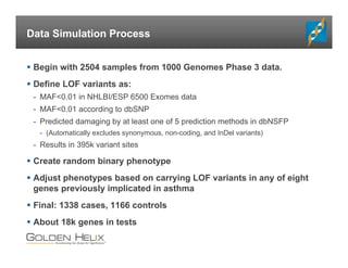 Data Simulation Process
 Begin with 2504 samples from 1000 Genomes Phase 3 data.
 Define LOF variants as:
- MAF<0.01 in NHLBI/ESP 6500 Exomes data
- MAF<0.01 according to dbSNP
- Predicted damaging by at least one of 5 prediction methods in dbNSFP
- (Automatically excludes synonymous, non-coding, and InDel variants)
- Results in 395k variant sites
 Create random binary phenotype
 Adjust phenotypes based on carrying LOF variants in any of eight
genes previously implicated in asthma
 Final: 1338 cases, 1166 controls
 About 18k genes in tests
 