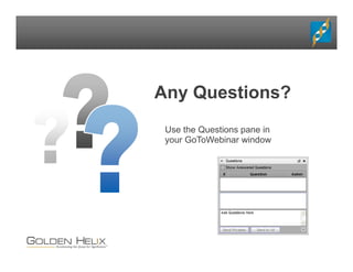 Use the Questions pane in
your GoToWebinar window
Any Questions?
 