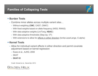 Families of Collapsing Tests
 Burden Tests
- Combine minor alleles across multiple variant sites…
- Without weighting (CMC, CAST, CMAT)
- With fixed weights based on allele frequency (WSS, RWAS)
- With data-adaptive weights (Lin/Tang, KBAC)
- With data-adaptive thresholds (Step-Up, VT)
- With extensions to allow for effects in either direction (Ionita-Laza/Lange, C-alpha)
 Kernel Tests
- Allow for individual variant effects in either direction and permit covariate
adjustment based on kernel regression
- Kwee et al., AJHG, 2008
- SKAT
- SKAT-O
Credit: Schaid et al., Genet Epi, 2013
 