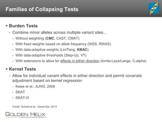 Families of Collapsing Tests
 Burden Tests
- Combine minor alleles across multiple variant sites…
- Without weighting (CMC, CAST, CMAT)
- With fixed weights based on allele frequency (WSS, RWAS)
- With data-adaptive weights (Lin/Tang, KBAC)
- With data-adaptive thresholds (Step-Up, VT)
- With extensions to allow for effects in either direction (Ionita-Laza/Lange, C-alpha)
 Kernel Tests
- Allow for individual variant effects in either direction and permit covariate
adjustment based on kernel regression
- Kwee et al., AJHG, 2008
- SKAT
- SKAT-O
Credit: Schaid et al., Genet Epi, 2013
 