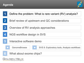 Agenda
Brief review of upstream and QC considerations
NGS workflow design in SVS
2
3
4
Overview of RV analysis approaches
Define the problem: What is rare variant (RV) analysis?1
Interactive software demo5
What about exome chips?6
GenomeBrowse SVS 8: Exploratory tools, Analysis workflows
 