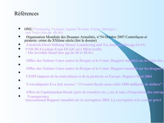 Références
 ONU Eliminating Violence Against Women. Forms, Strategies
and Tools (lire pp. 40-46)
 Organisation Mondiale des Douanes Actualités, n°54 Octobre 2007 Contrefaçon et
piraterie: crime du XXIème siècle (lire le dossier)
 Friedrich Ebert Stiftung Money Laundering and Tax heavens (lire pp.14-19)
 UNICRI Freedom From FEAR vol.1 Illicit traffic
- The invisible Hand (lire pp.26-30 et 38-41)

Office des Nations Unies contre la Drogue et le Crime. Rapport mondial sur la traite des p

Office des Nations Unies contre la Drogue et le Crime. Rapport mondial sur les drogues 2

CEIPI Impacts de la contrefaçon et de la piraterie en Europe. Rapport final 2004

L'eurodéputée Eva Joly accuse: " l'évasion fiscale nous coûte 1000 milliards de dollars" 2

Effets de l'optimisation fiscale (prix de transfert etc..) sur le taux d'imposition des entrepr
 Transparency
International Rapport mondial sur la corruption 2009, La corruption et le secteur privé
 