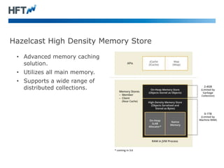 Hazelcast High Density Memory Store
• Advanced memory caching
solution.
• Utilizes all main memory.
• Supports a wide range of
distributed collections.
 