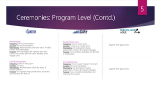 Ceremonies: Program Level (Contd.)
5
Review Bazaar:
Frequency: No recommendation.
Duration: No recommendation.
Attended by: Representatives of all dev teams, Product
Owners and stakeholders.
Purpose: Items developed are explored with users.
Demos are avoided with the notion that they don’t
engage users.
Overall Retrospective:
Frequency: Once in every sprint
Duration: 1.5 hours.
Attended by: Representatives of all dev teams &
Product Owners
Purpose: PO highlights high-priority items and teams
pick what they will work on.
Product Owner Sync:
Frequency: Once in every sprint.
Duration: 1 hour for a 2-week sprint.
Attended by: All development teams,
stakeholders, Product & Program Managers.
Purpose: Functionalities developed are demoed
to stakeholders.
Scrum Master Sync:
Frequency: Once in every Program Increment
Duration: No recommendation.
Attended by: All development teams,
stakeholders, Product & Program Managers.
Purpose: Focus on gathering feedback and
improving the process.
Supports both approaches.
Supports both approaches.
 