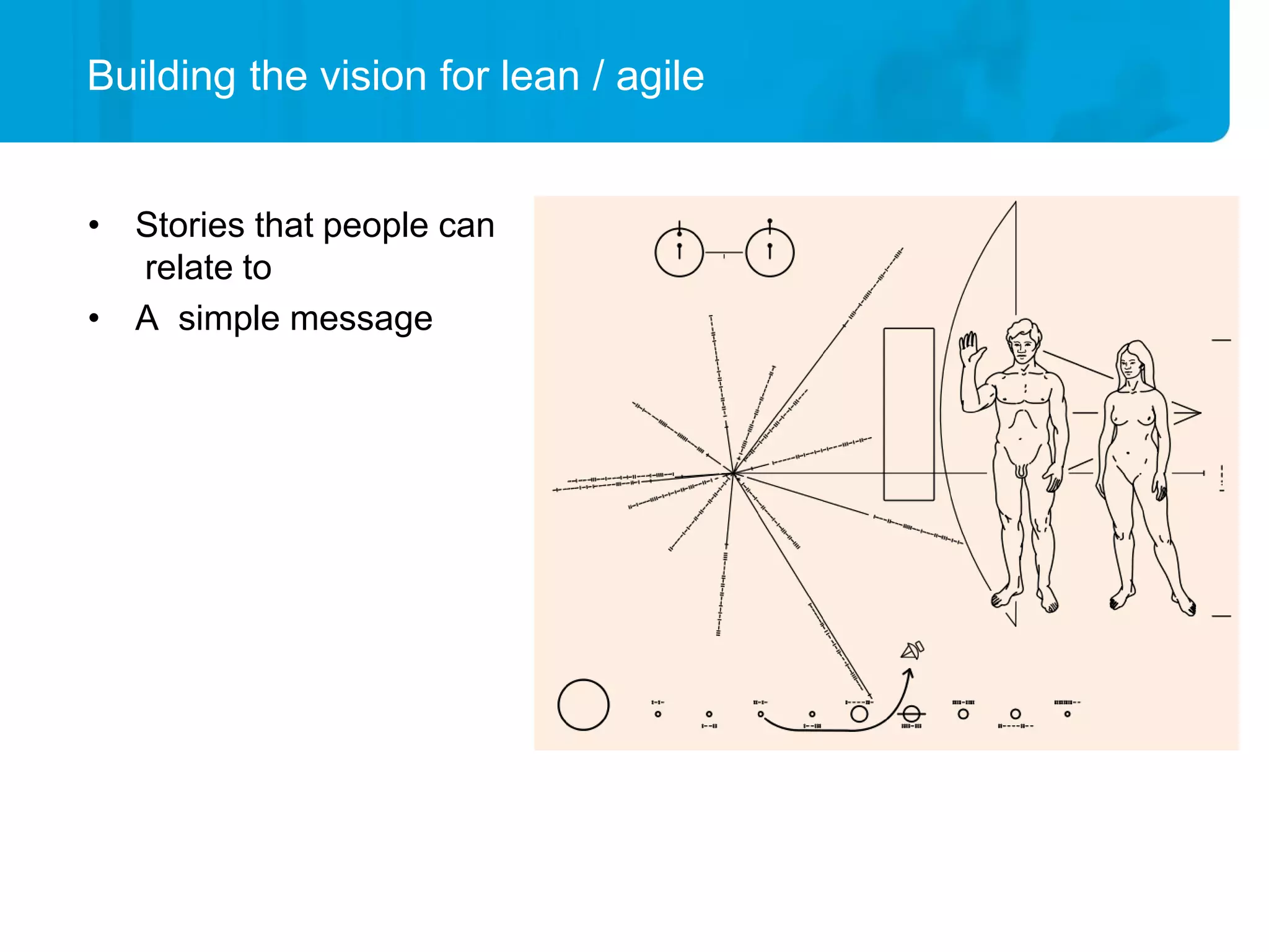 Building the vision for lean / agile


• Stories that people can
  relate to
• A simple message
 