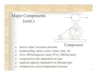 8
? moves vapor, increases pressure
? reciprocating, rotary screw, rotary vane, etc
? 10 to 300 horsepower each (75 to 1200 hp total)
? compression ratio dependent on type
? required capacity dependent on inbound type
? compression causes temperature increase
Major Components
(cont.)
Compressor
 