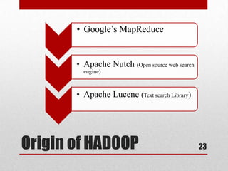 • Google’s MapReduce


       • Apache Nutch (Open source web search
         engine)



       • Apache Lucene (Text search Library)




Origin of HADOOP                                23
 
