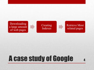 Downloading
                 Creating   Retrieve Most
a large amount
                 Indexes    related pages
 of web pages




A case study of Google                  4
 