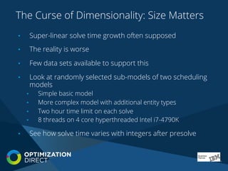 The Curse of Dimensionality: Size Matters
•  Super-linear solve time growth often supposed
•  The reality is worse
•  Few data sets available to support this
•  Look at randomly selected sub-models of two scheduling
models
•  Simple basic model
•  More complex model with additional entity types
•  Two hour time limit on each solve
•  8 threads on 4 core hyperthreaded Intel i7-4790K
•  See how solve time varies with integers after presolve
 