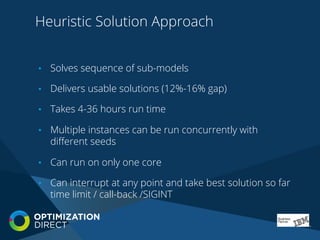 Heuristic Solution Approach
•  Solves sequence of sub-models
•  Delivers usable solutions (12%-16% gap)
•  Takes 4-36 hours run time
•  Multiple instances can be run concurrently with
diﬀerent seeds
•  Can run on only one core
•  Can interrupt at any point and take best solution so far
time limit / call-back /SIGINT
 
