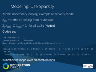 Modeling: Use Sparsity
Avoid unnecessary looping: example of network model
Xsdij = traﬃc on link (i,j) from route (s,d)
Σj Xsdlj - Σi Xsdil = 0, for all s,d,l ϵ {Nodes}
Coded as:
int NbNodes = ...;
range Nodes = 1..NbNodes;
dvar float+ X[Nodes][Nodes][Nodes][Nodes] = ...;
forall(s in Nodes, d in Nodes, l in Nodes : s != d && s != l && d != l)
XFlow:
sum(j in Nodes) X[s][d][l][j] – sum(i in Nodes) X[s][d][i][l] == 0;
is inefficient: loops over all combinations
 