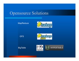 Opensource Solutions

    MapReduce




     GFS




    BigTable
 