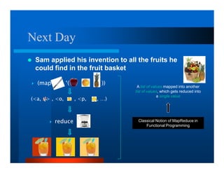 Next Day
 Sam applied his invention to all the fruits he
 could find in the fruit basket

  (map      ‘(           ))
                                   A list of values mapped into another
                                 list of values, which gets reduced into
                                                a single value
(a,  , o,  , p,  , …)



         reduce                   Classical Notion of MapReduce in
                                      Functional Programming
 