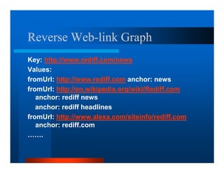 Reverse Web-link Graph
        Web-
Key: http://www.rediff.com/news
Values:
fromUrl: http://www.rediff.com anchor: news
fromUrl: http://en.wikipedia.org/wiki/Rediff.com
   anchor: rediff news
   anchor: rediff headlines
fromUrl: http://www.alexa.com/siteinfo/rediff.com
   anchor: rediff.com
…….
 