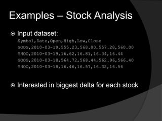 Examples – Stock AnalysisInput dataset: Symbol,Date,Open,High,Low,CloseGOOG,2010-03-19,555.23,568.00,557.28,560.00YHOO,2010-03-19,16.62,16.81,16.34,16.44GOOG,2010-03-18,564.72,568.44,562.96,566.40YHOO,2010-03-18,16.46,16.57,16.32,16.56Interested in biggest delta for each stock