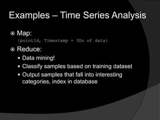 Examples – Time Series AnalysisMap:{pointId, Timestamp + 30s of data}Reduce:Data mining!Classify samples based on training datasetOutput samples that fall into interesting categories, index in database