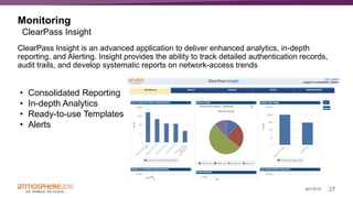 27#ATM16
Monitoring
ClearPass Insight is an advanced application to deliver enhanced analytics, in-depth
reporting, and Alerting. Insight provides the ability to track detailed authentication records,
audit trails, and develop systematic reports on network-access trends
ClearPass Insight
• Consolidated Reporting
• In-depth Analytics
• Ready-to-use Templates
• Alerts
 