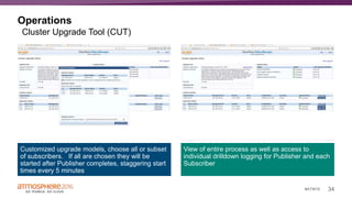 34#ATM16
Operations
Customized upgrade models, choose all or subset
of subscribers. If all are chosen they will be
started after Publisher completes, staggering start
times every 5 minutes
View of entire process as well as access to
individual drilldown logging for Publisher and each
Subscriber
Cluster Upgrade Tool (CUT)
 