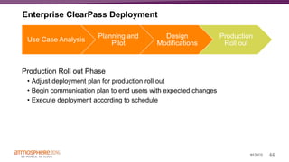 44#ATM16
Production Roll out Phase
• Adjust deployment plan for production roll out
• Begin communication plan to end users with expected changes
• Execute deployment according to schedule
Use Case Analysis
Planning and
Pilot
Design
Modifications
Production
Roll out
Enterprise ClearPass Deployment
 