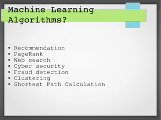 Machine Learning 
Algorithms?
● Recommendation
● PageRank
● Web search
● Cyber security
● Fraud detection
● Clustering
● Shortest Path Calculation
 