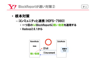 P16BlockReportが遅い対策②
•  根本対策
– コンミュニティと連携(HDFS-7980)  
•  一つ目のfullBlockReportに軽い処理を適用する
•  Hadoop2.6.1から
NameNode DataNode
②full
①increment軽い処理
再起動
稼働中
busy
 
