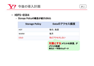 P27今後の導入計画
•  HDFS-6584
–  Storage  Policyの概念が紹介された
Storage	
  Policy	
 Dataのアクセス頻度	
HOT	
 毎日、毎週	
  
WARM	
 毎月	
COLD	
 殆どアクセスしない	
対象とする:メリットを享受、デ
メリット回避
例えば：一年前のlogデータ
 