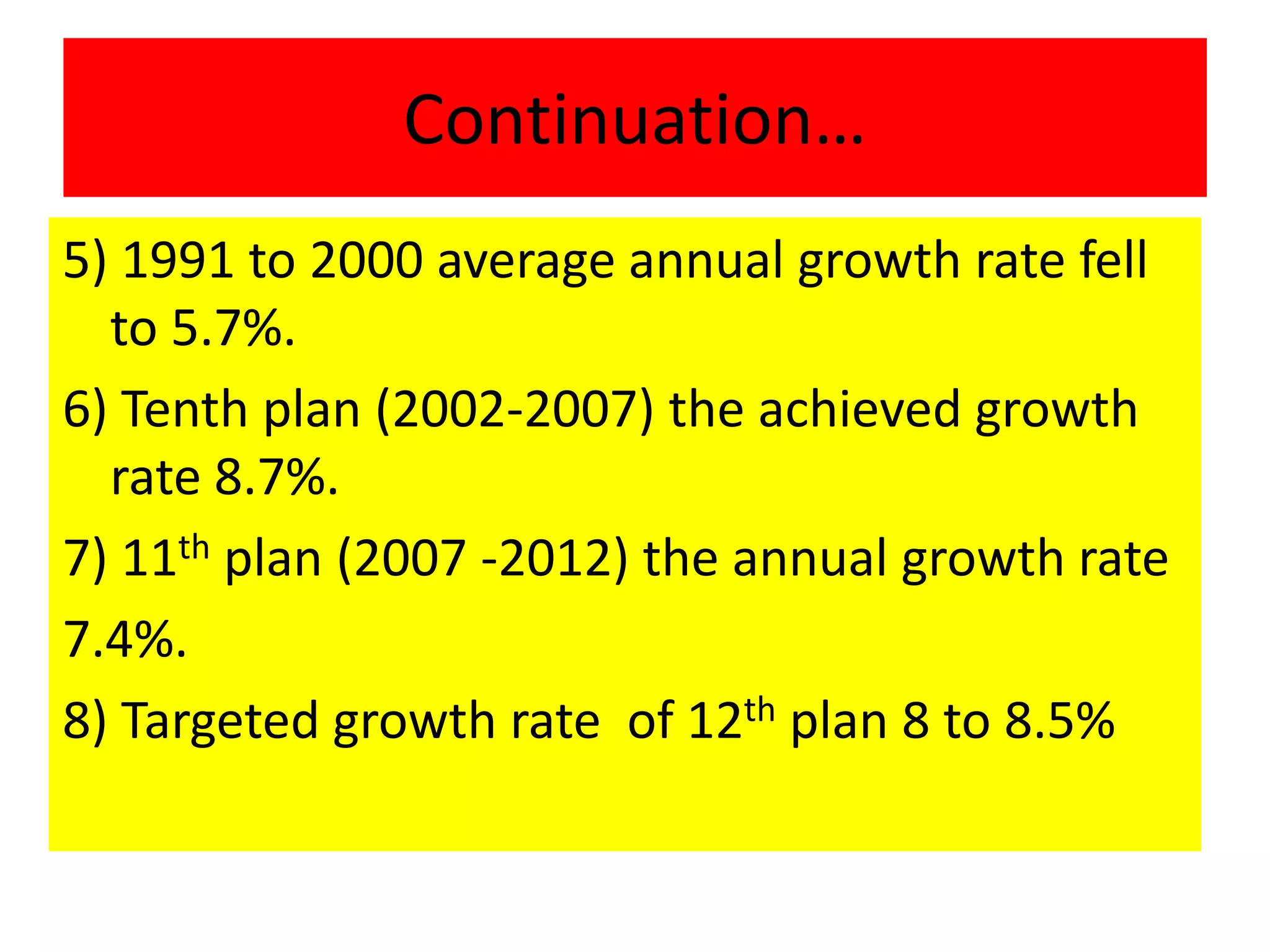 Continuation…
5) 1991 to 2000 average annual growth rate fell
to 5.7%.
6) Tenth plan (2002-2007) the achieved growth
rate 8.7%.
7) 11th plan (2007 -2012) the annual growth rate
7.4%.
8) Targeted growth rate of 12th plan 8 to 8.5%
 