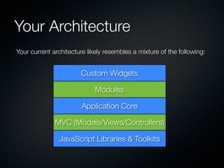 Your Architecture
Your current architecture likely resembles a mixture of the following:


                        Custom Widgets

                             Modules

                        Application Core

              MVC (Models/Views/Controllers)

               JavaScript Libraries & Toolkits
 
