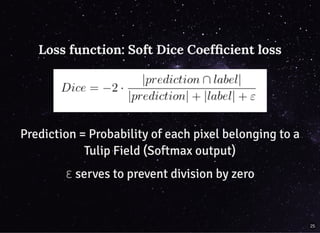 Loss function: Soft Dice Coefﬁcient lossLoss function: Soft Dice Coefﬁcient loss
Prediction = Probability of each pixel belonging to aPrediction = Probability of each pixel belonging to a
Tulip Field (Softmax output)Tulip Field (Softmax output)
ε serves to prevent division by zeroε serves to prevent division by zero
25
 