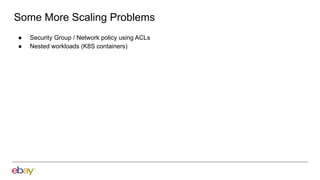 Some More Scaling Problems
● Security Group / Network policy using ACLs
● Nested workloads (K8S containers)
 