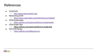 ● OVS/OVN
○ http://www.openvswitch.org/
● Networking-OVN
○ https://docs.openstack.org/networking-ovn/latest/
● OVN-Kubernetes
○ https://github.com/openvswitch/ovn-kubernetes/
● OVN-Scale-Test
○ https://github.com/openvswitch/ovn-scale-test
● GO-OVN library
○ https://github.com/eBay/go-ovn
References
 