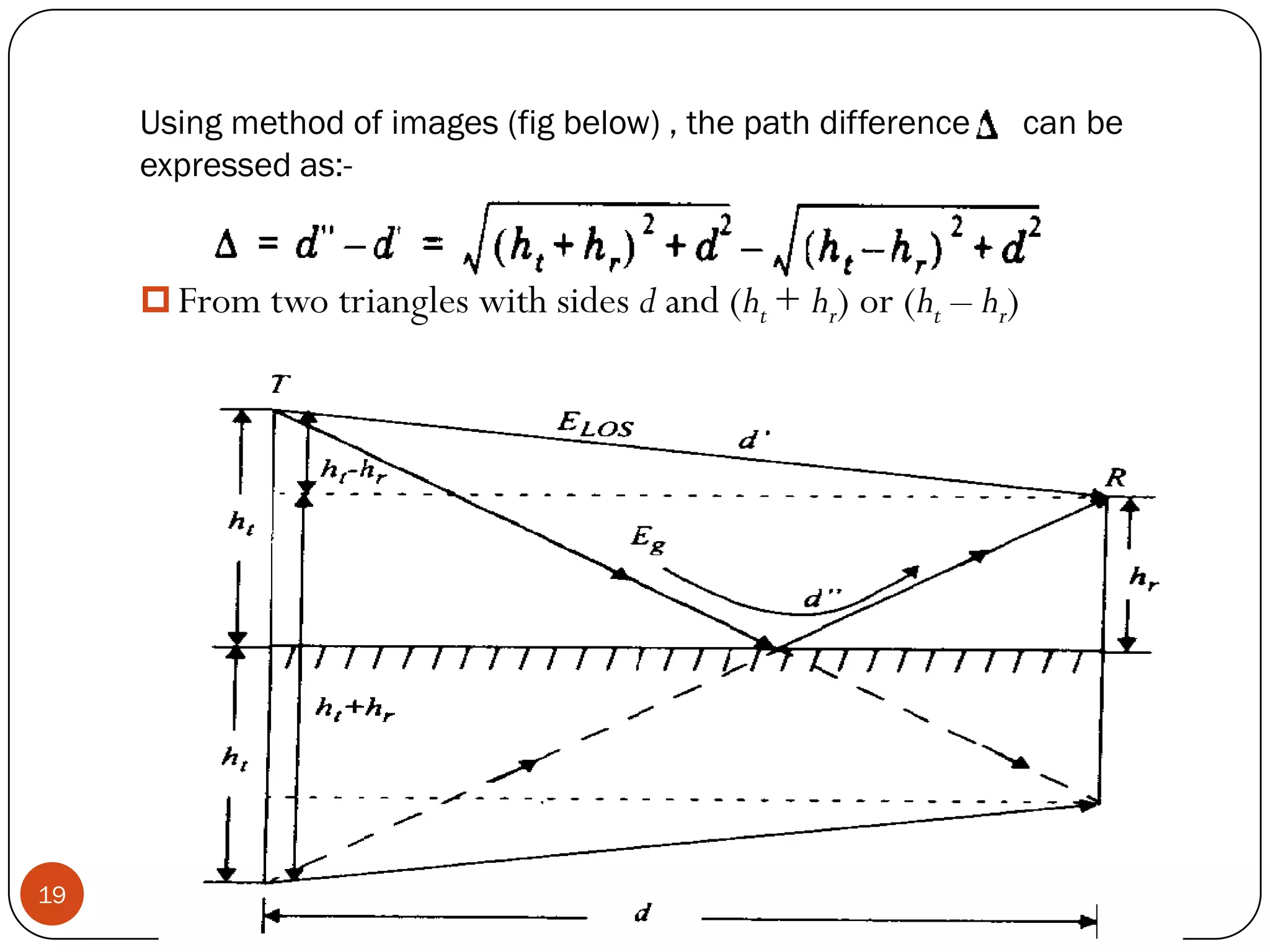 19
Using method of images (fig below) , the path difference can be
expressed as:-
 From two triangles with sides d and (ht + hr) or (ht – hr)
 