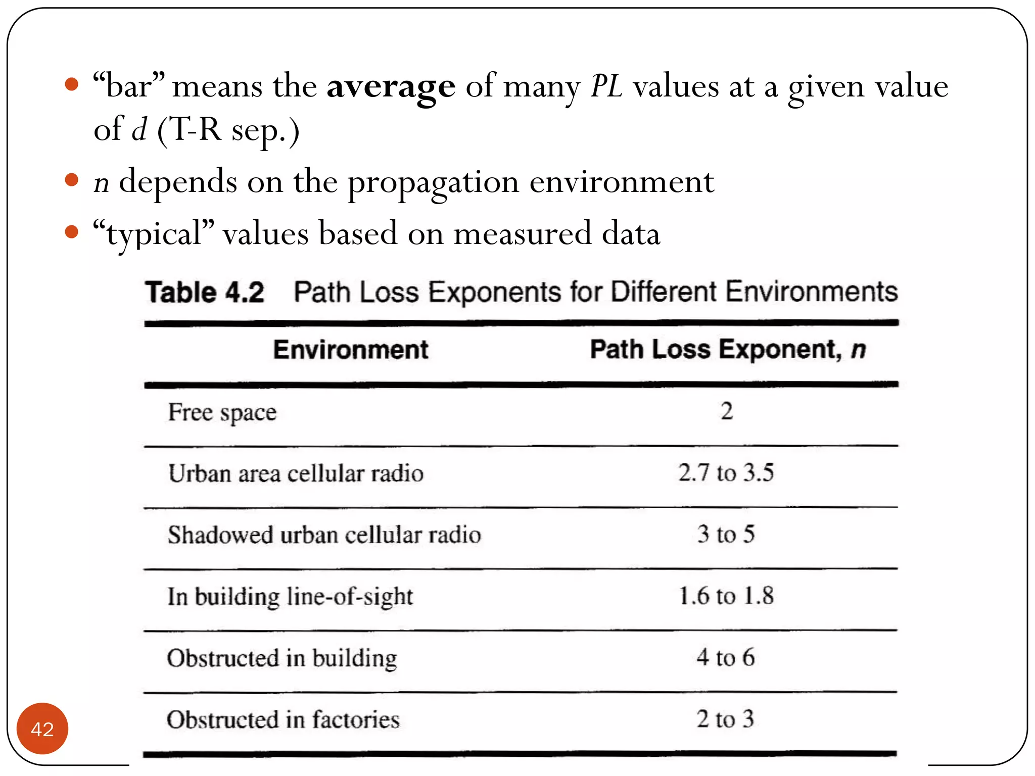 42
 “bar” means the average of many PL values at a given value
of d (T-R sep.)
 n depends on the propagation environment
 “typical” values based on measured data
 