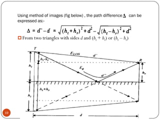 19
Using method of images (fig below) , the path difference can be
expressed as:-
 From two triangles with sides d and (ht + hr) or (ht – hr)
 