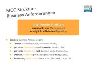MC C  Struktur -
Bu siness Anfo rderungen

                       intelligente Struktur:
                      vereinfacht das Management
                     ermöglicht effizientes Reporting


 Beispiele Business Anforderungen:
    Umsatz pro Warengruppe, Sortimentseinheit,..
    getrennte Optimierung von Konversion (Lead vs. Sale)
    getrennte Abrechnung nach Business Units, Divisionen,..
    untersch. Reporting pro Kampagnenziel (Umsatz, Sales,.)
    Ausweisung Konversionen nach Brand, Netzwerk, Long-Tail,...
 