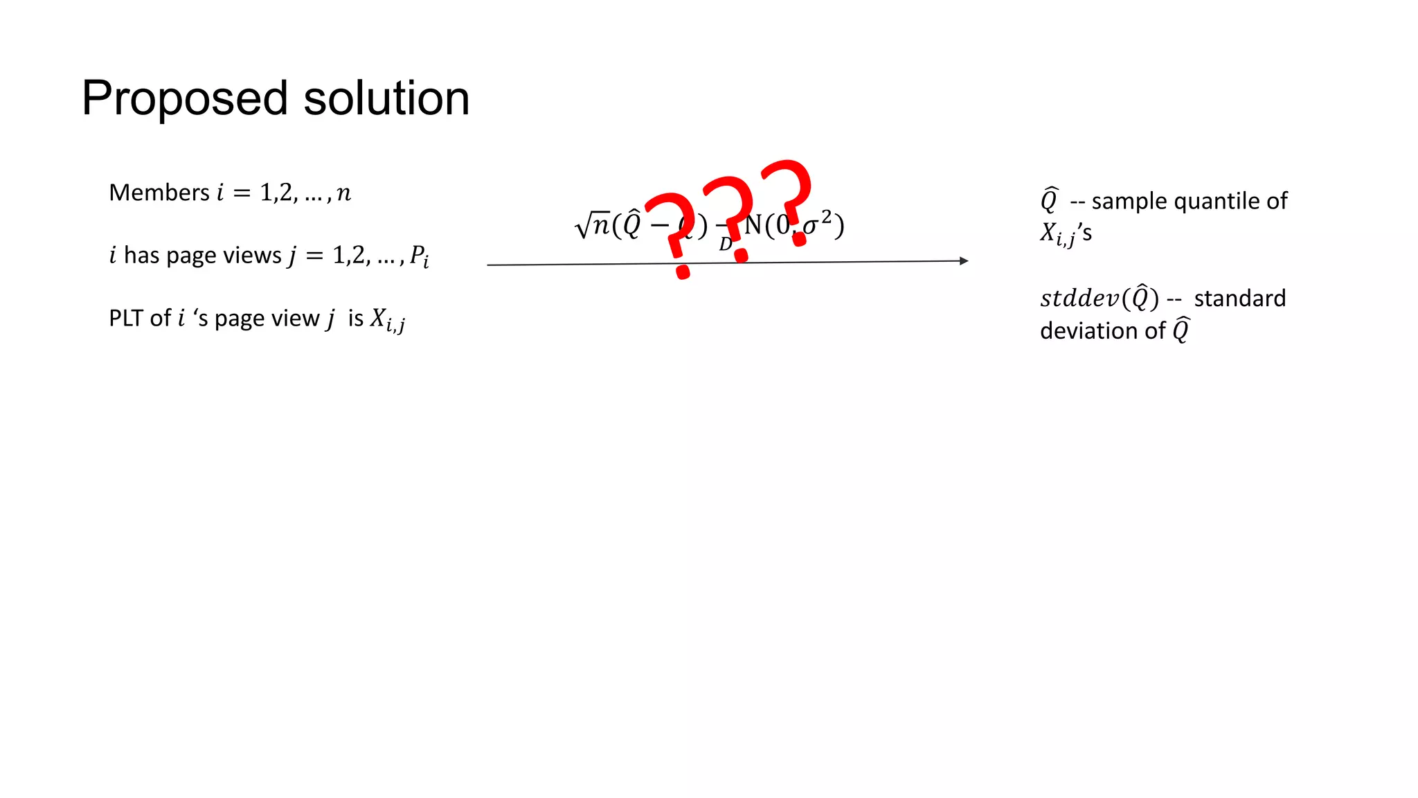 Proposed solution
Members 𝑖 = 1,2, … , 𝑛
𝑖 has page views 𝑗 = 1,2, … , 𝑃𝑖
PLT of 𝑖 ‘s page view 𝑗 is 𝑋𝑖,𝑗
𝑄 -- sample quantile of
𝑋𝑖,𝑗’s
𝑠𝑡𝑑𝑑𝑒𝑣( 𝑄) -- standard
deviation of 𝑄
𝑛( 𝑄 − 𝑄)
𝐷
N(0, 𝜎2
)
 