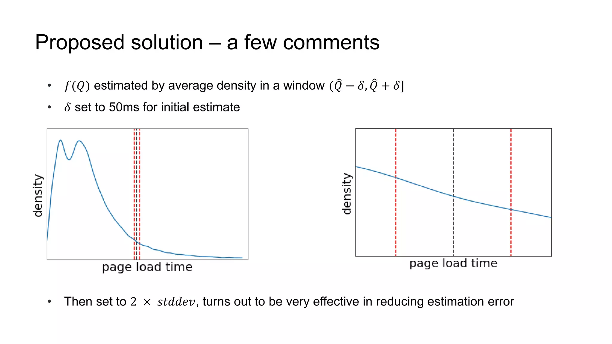 Proposed solution – a few comments
• 𝑓(𝑄) estimated by average density in a window ( 𝑄 − 𝛿, 𝑄 + 𝛿]
• 𝛿 set to 50ms for initial estimate
• Then set to 2 × 𝑠𝑡𝑑𝑑𝑒𝑣, turns out to be very effective in reducing estimation error
 