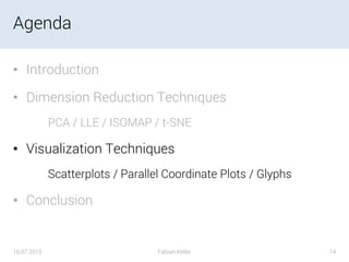 Agenda
• Introduction
• Dimension Reduction Techniques
PCA / LLE / ISOMAP / t-SNE
• Visualization Techniques
Scatterplots / Parallel Coordinate Plots / Glyphs
• Conclusion
16.07.2015 Fabian Keller 14
 