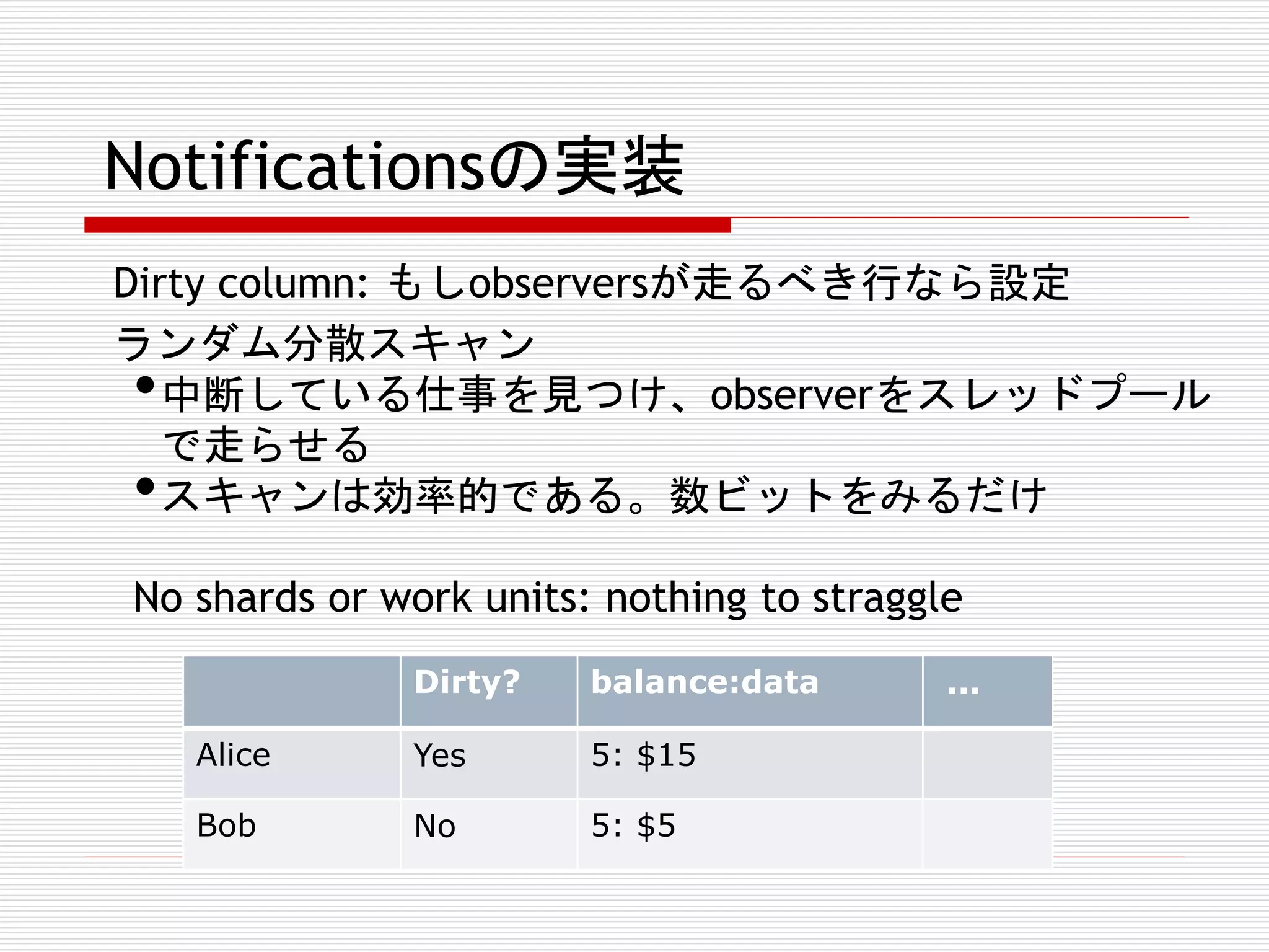 Notificationsの実装
Dirty column: もしobserversが走るべき行なら設定
ランダム分散スキャン
中断している仕事を見つけ、observerをスレッドプール
で走らせる
スキャンは効率的である。数ビットをみるだけ

•
•

No shards or work units: nothing to straggle
Dirty?

balance:data

Alice

Yes

5: $15

Bob

No

5: $5

...

 
